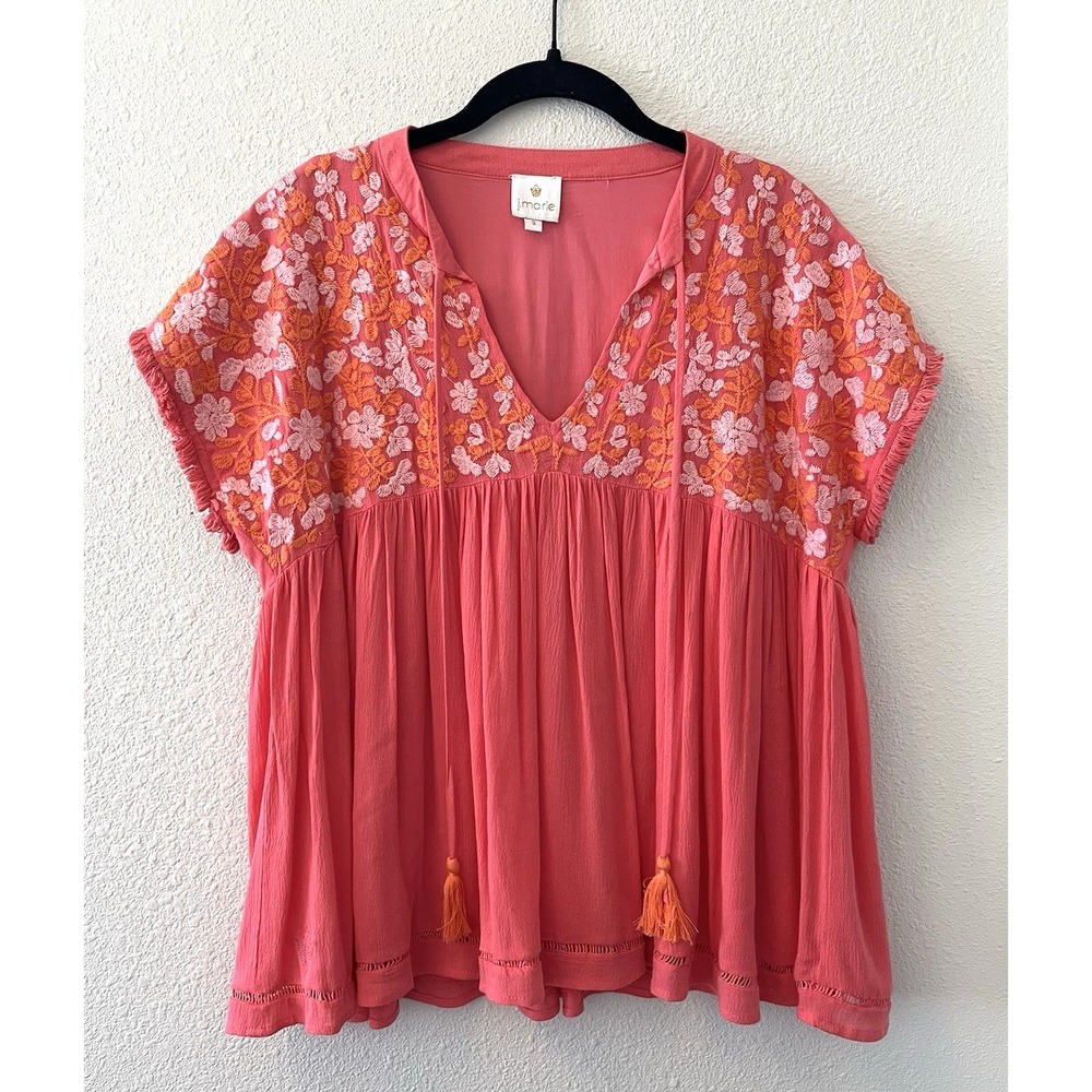 J. Marie Women's Top Size Sm Hot Pink Embroidered Floral Tasseled Boho Colorful